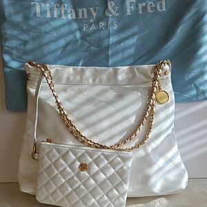 Tiffany & Fred White Quilted Shoulder Bag with Gold Chain